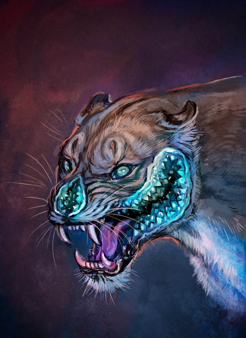 May include: A digital painting of a snarling, fierce, blue-eyed creature with a glowing, blue, scaly jaw. The creature has a brown and white fur pattern.