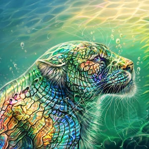 Op de afbeelding: Een levendig digitaal schilderij van een jaguar onder water. De vacht van de jaguar is een mozaïek van blauw, groen en oranje, met een textuurpatroon dat op schubben lijkt. Bellen zweven rond de grote kat en groene waterplanten zijn op de achtergrond.