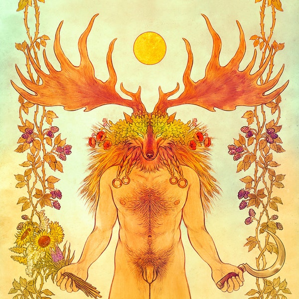 Summer Harvest Lustre print   Wolf Man Lammas fertility pagan green man spiritual wall art divine  masculine