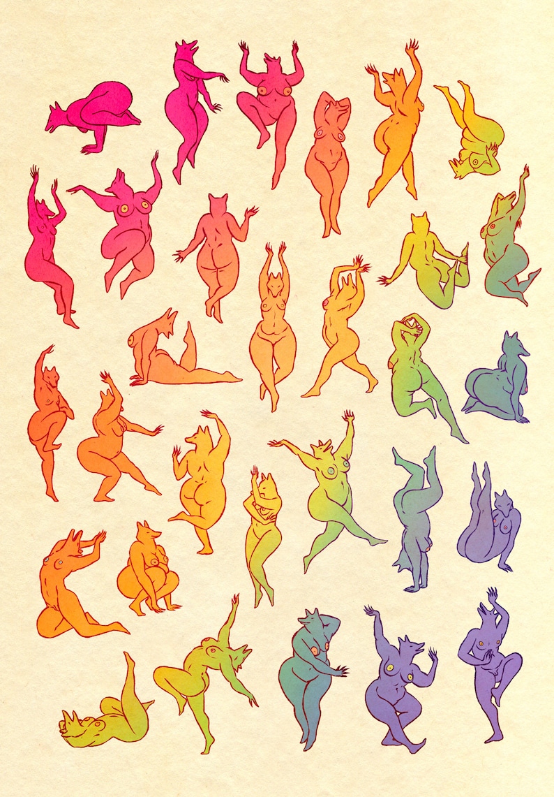 Puede incluir: Una ilustraci&oacute;n colorida de 25 figuras en varias poses. Las figuras est&aacute;n todas desnudas y tienen un esquema de color degradado, que va del rosa al morado. Las figuras est&aacute;n dibujadas en un estilo de dibujos animados y tienen ojos grandes y caras expresivas.