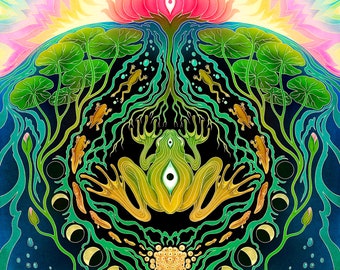 アヤワスカによる幻想的な芸術の絵画、幻覚、蛇、シャーマン、カンボ