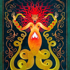 May include: A digital illustration depicting a woman with a jaguar head and a red, orange, and yellow body. She is surrounded by green snakes and a lotus flower. The background is a dark blue with gold accents.