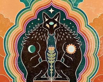 Shared Consciousness  Lustre print    -  Coyote Canine Wolves Twinflame Rainbow Conjoined Spiritual Tarot Spiritual Wall art