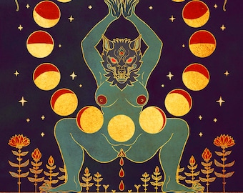 Blood Moon  Lustre print                 -  Spiritual Menstrual Bleeding Wolf Nature Goddess Moontime  Shamanic