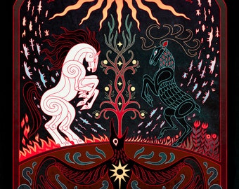 May include: A black and white illustration of a horse and a deer facing each other, with a black bird with a sun symbol on its chest in the centre. The background is a dark red and black with a sun and moon in the top centre.