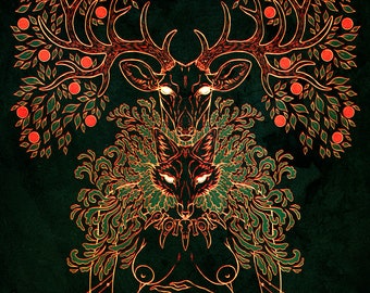 Green Parents Lustre print   Deer elk fox vixen fertility green man spiritual wall art divine feminine masculine