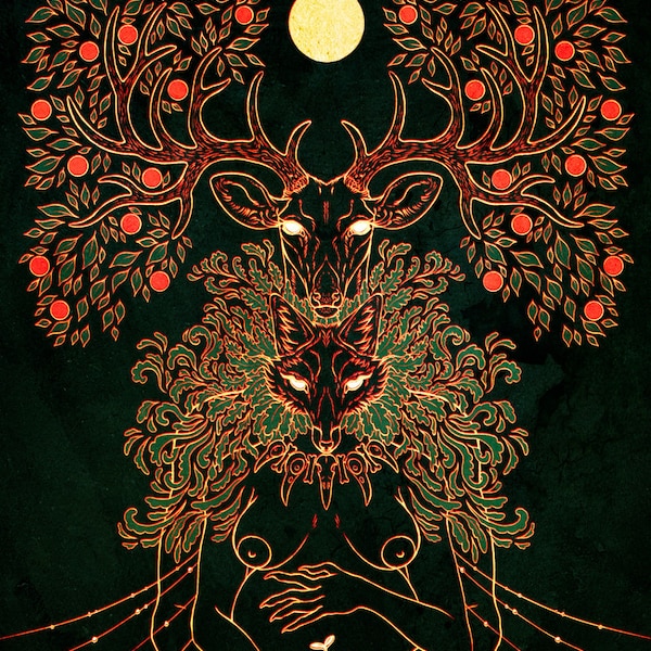 Green Parents Lustre print   Deer elk fox vixen fertility green man spiritual wall art divine feminine masculine
