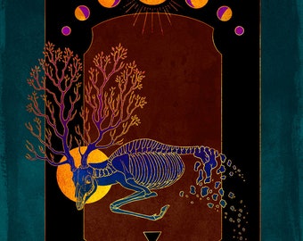 Impresión de brillo de corrosión - Dead Deer Elk Circle of Life Tarot oculto pagano Arte mural