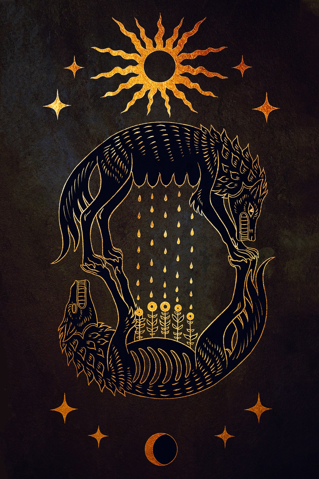 Hati and Skoll Lustre Print - Pagan Shamanic Wolves Edda Norse