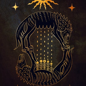 Hati and Skoll  Lustre print      - Pagan Shamanic Wolves Edda Norse Folk Wall art