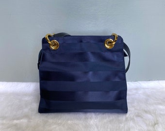 COURREGES Vintage Navy Blue Striped Nylon Shoulder Bag 