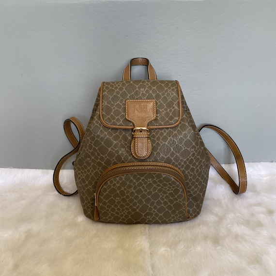 NINA RICCI Vintage Brown Beige Canvas Leather Backpack 