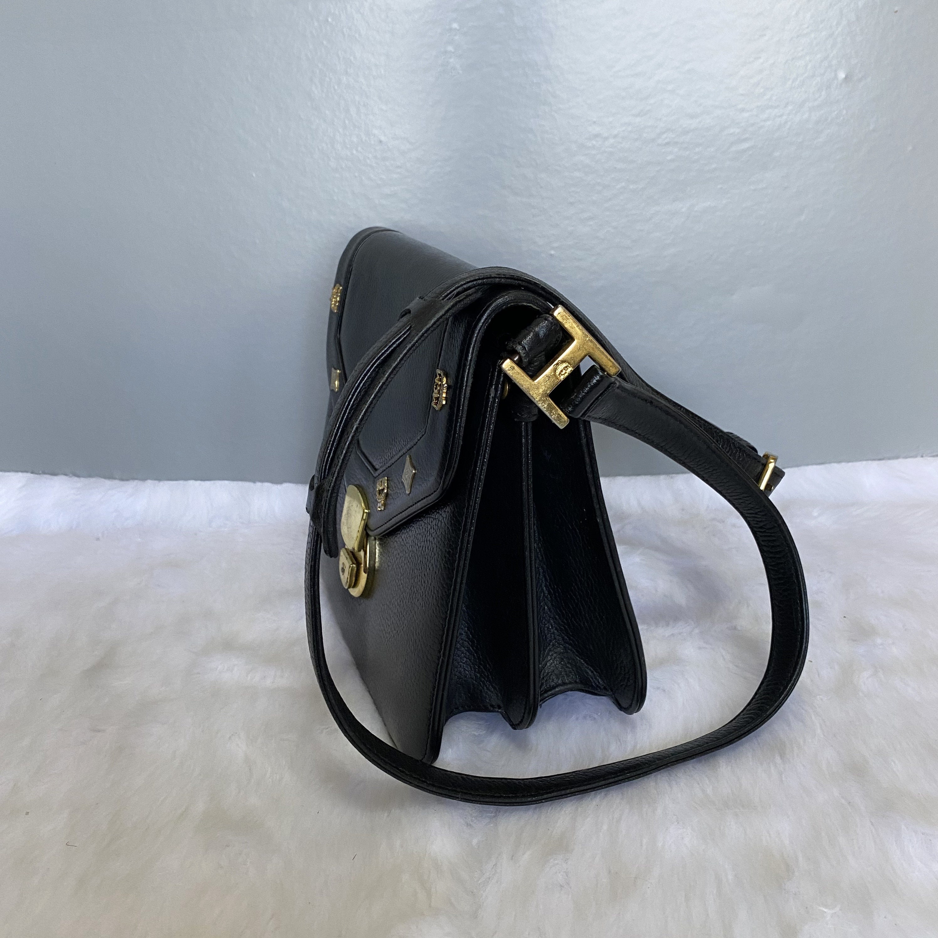 Mcm Vintage Black Textured Leather Crossbody Bag