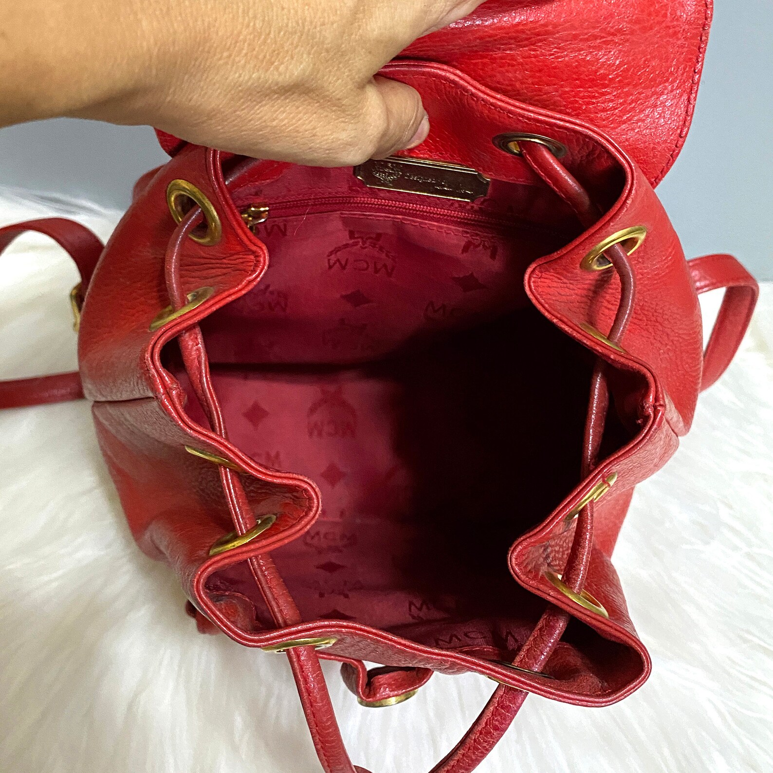 MCM Vintage Red Leather Backpack Etsy