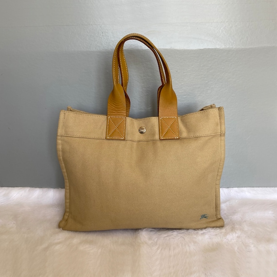 Burberry Blue Label Brown Khaki Canvas Leather Tote Bag