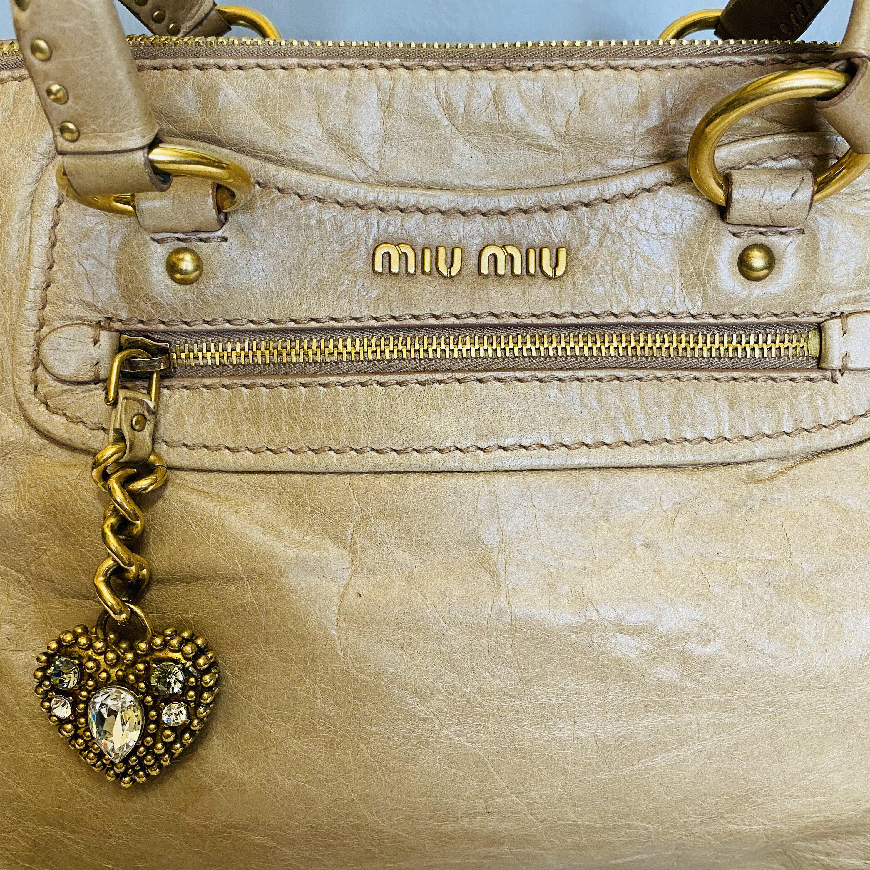 Miu Miu White Vitello Shine Satchel Cream Leather Pony-style