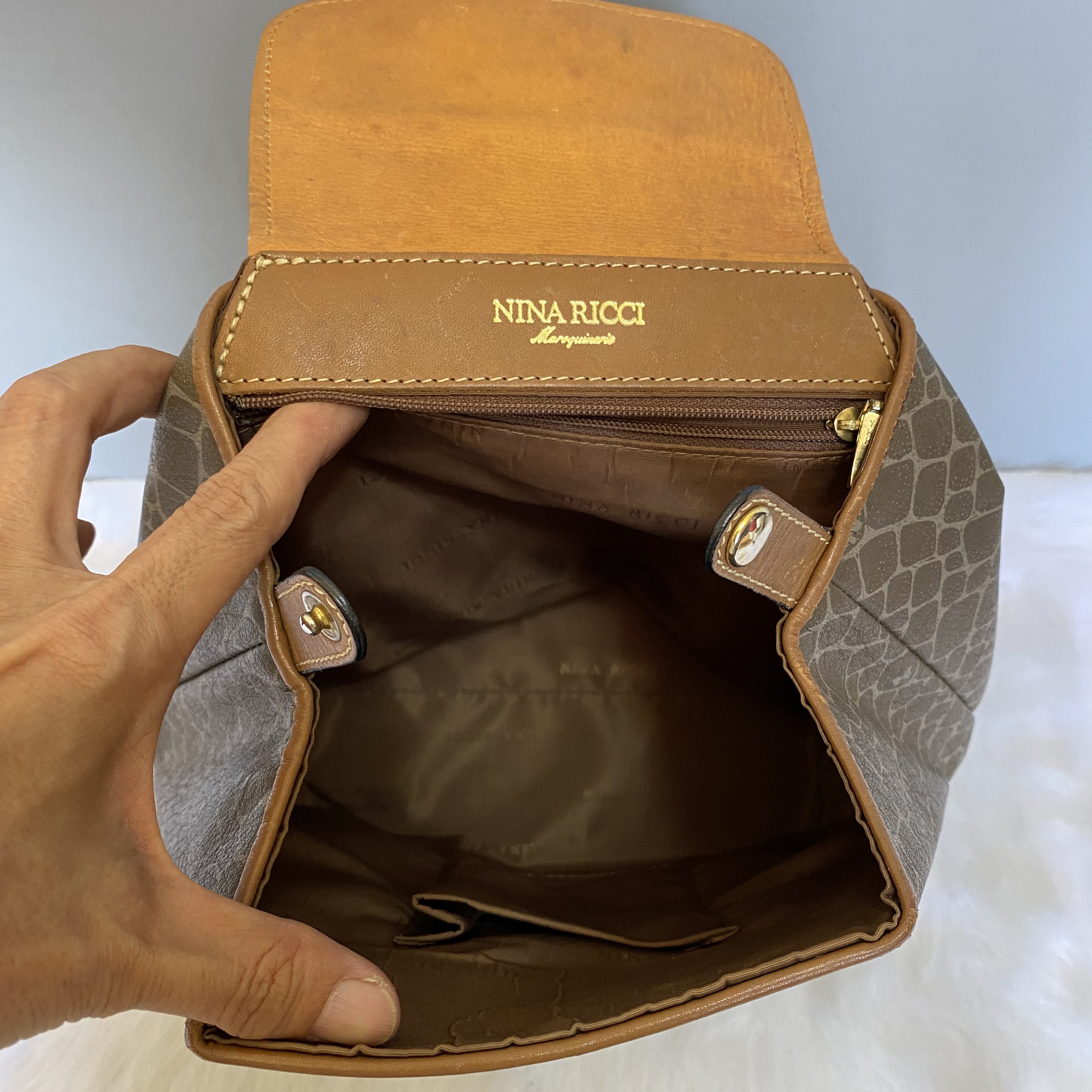 NINA RICCI Vintage Brown Beige Canvas Leather Backpack 