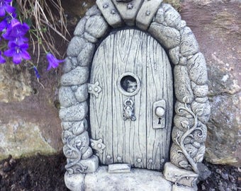 Stone fairy door garden ornament cat peeping mystical fairy tale pagan