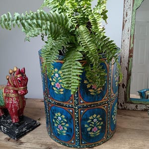 Large planter barrel  hand painted  made in India blue