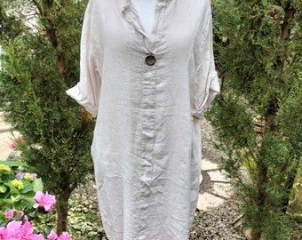 Womens linen shirt dress with button lagenlook ladies made in Italy 10-18 UK