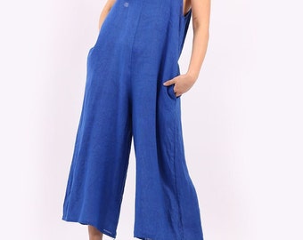 Womens linen jumpsuit wide leg ladies dungarees Freesize 8-16 6973R