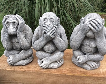 Stone garden set of 3 wise monkey chimpanzee chimp see hear speak no evil statues ornaments