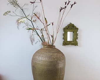 Antique Chinese rice wine jar vase olive green Wabi Sabi interior