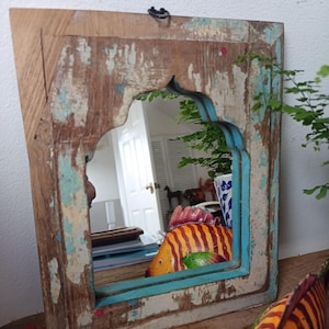 Antique Indian wooden tall  temple mirror wall decor blue