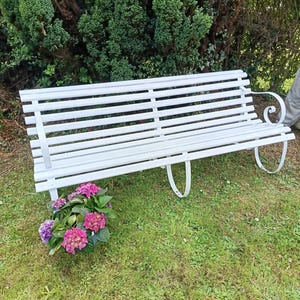 Edwardian garden bench wooden seat scroll design iron frame