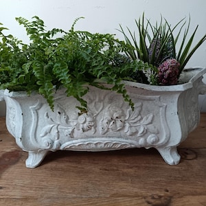 French Jardiniere cast iron planter embossed pattern white stamped