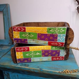 Antique Indian painted  wooden brick mould storage box planter patchwork pattern
