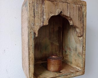 Antique Indian wooden small  temple wall shelf cream