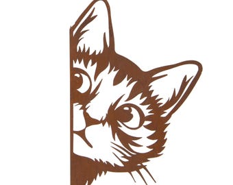 Rusty metal cat peeking  B garden ornament