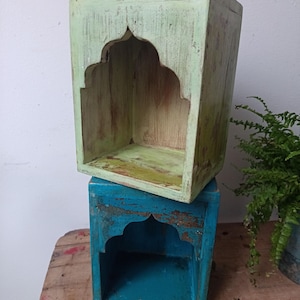 Antique Indian wooden small  temple wall shelf green