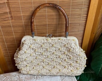 Vintage 1960s Raffia Satchel Bag Wood Handle Studs