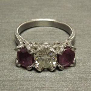 Vintage Estate Platinum Tulip 4.0Cts.TW Ruby & Diamond Three Stone Past Present Future Engagement Anniversary Ring