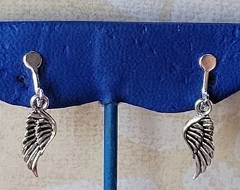 Angel Wing 3D Clip on Earrings Silver