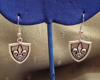 Silver Fleur-de-lis Shield Crest Dangle Earrings