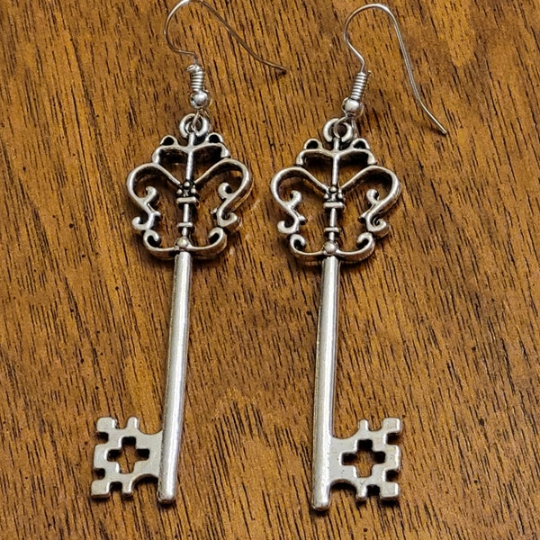 Antique style Silver Skelton Key Earrings
