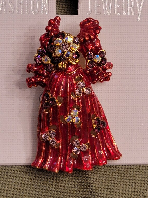 SALE Enameled & Bling Red Dress Brooch Pin - image 4