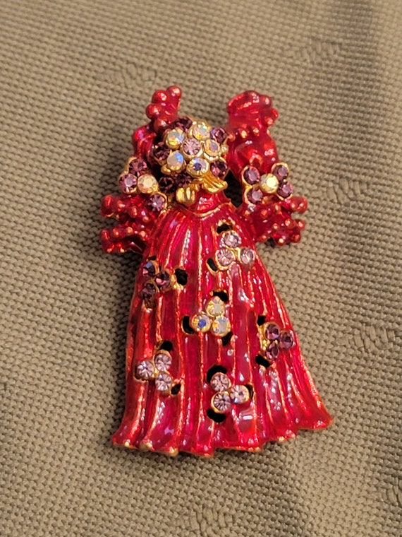 SALE Enameled & Bling Red Dress Brooch Pin - image 1