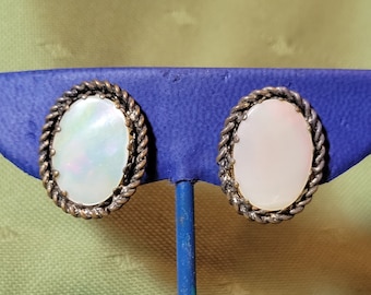 Vintage Oval Mother of Pearl Clip On Austria Earrings