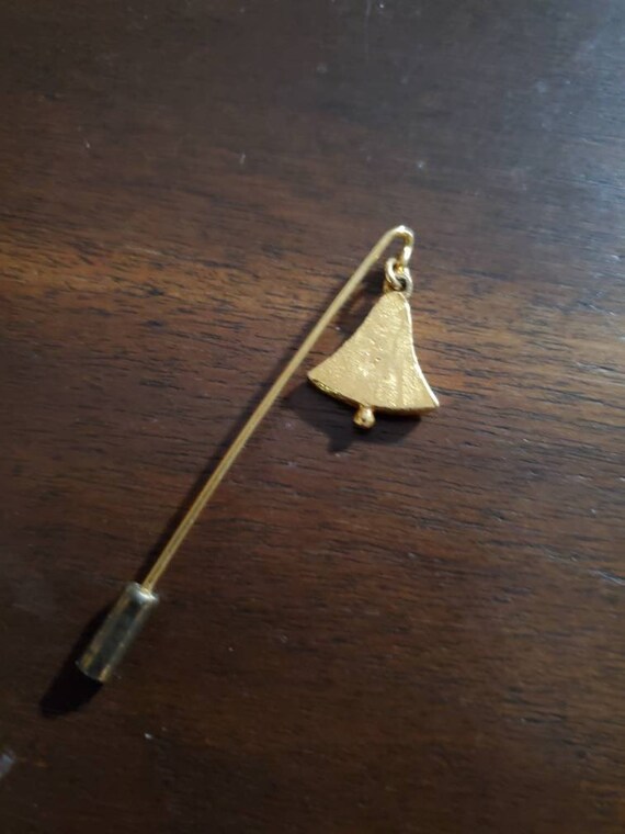 Vintage Stick Pin with dangling Bell Charm irides… - image 4