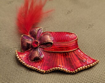 SALE Red enameled hat Brooch with plume and purple bow