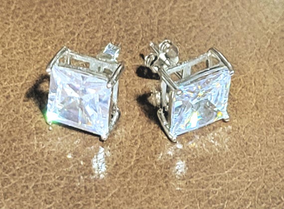 Square Princess Diamond Sterling Silver Stud Earrings