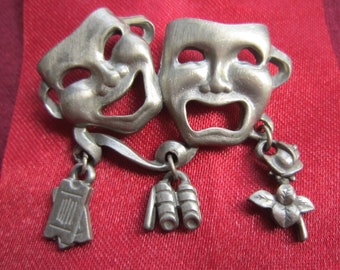 Vintage Comedy and Tragedy Mardi Gras Silver Tone Pin / Brooch with Dangling Charms