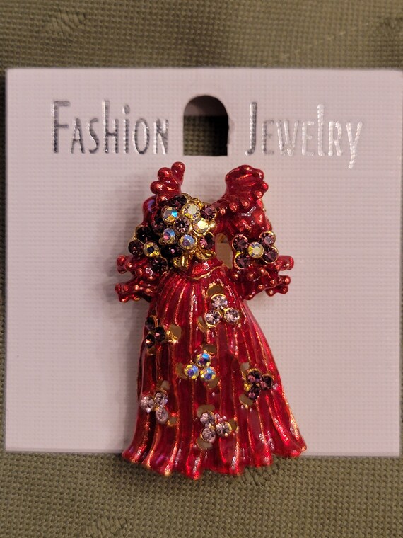 SALE Enameled & Bling Red Dress Brooch Pin - image 2