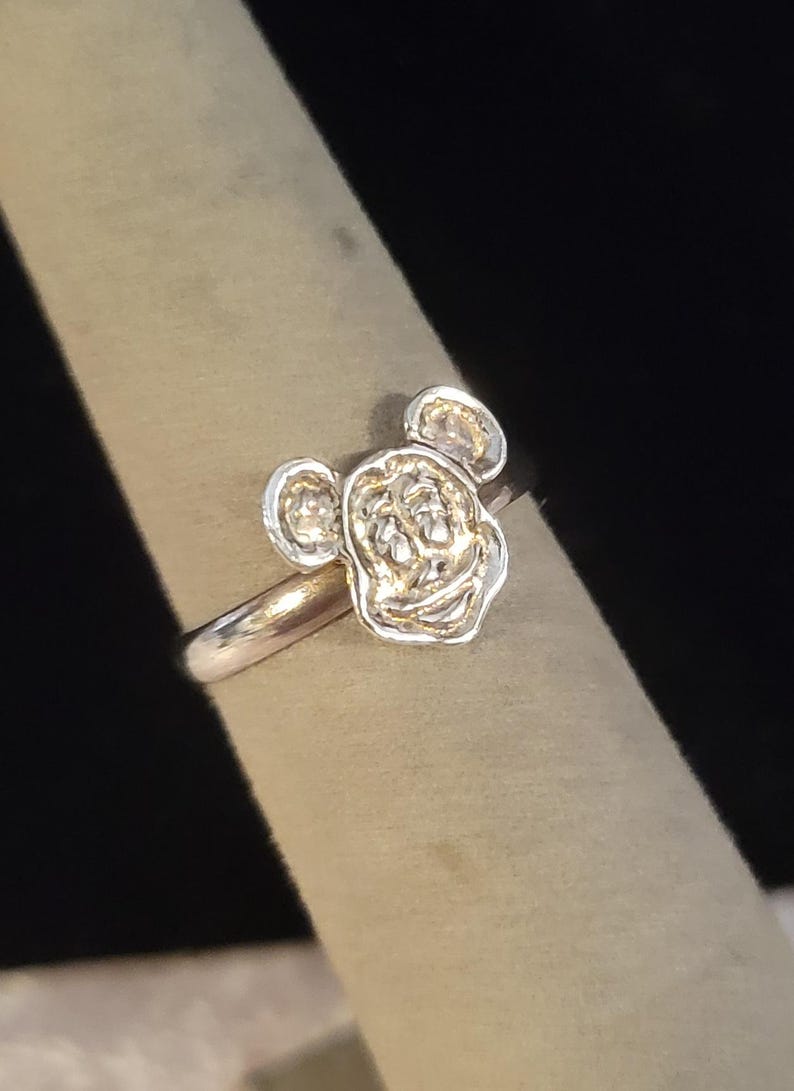 Pu&ograve; includere: Un anello in metallo color argento caratterizzato da un design a testa di personaggio in rilievo e testurizzato con due orecchie arrotondate. Il gambo dell'anello &egrave; liscio e lucido, con una finitura metallica che riflette la luce sulla superficie.