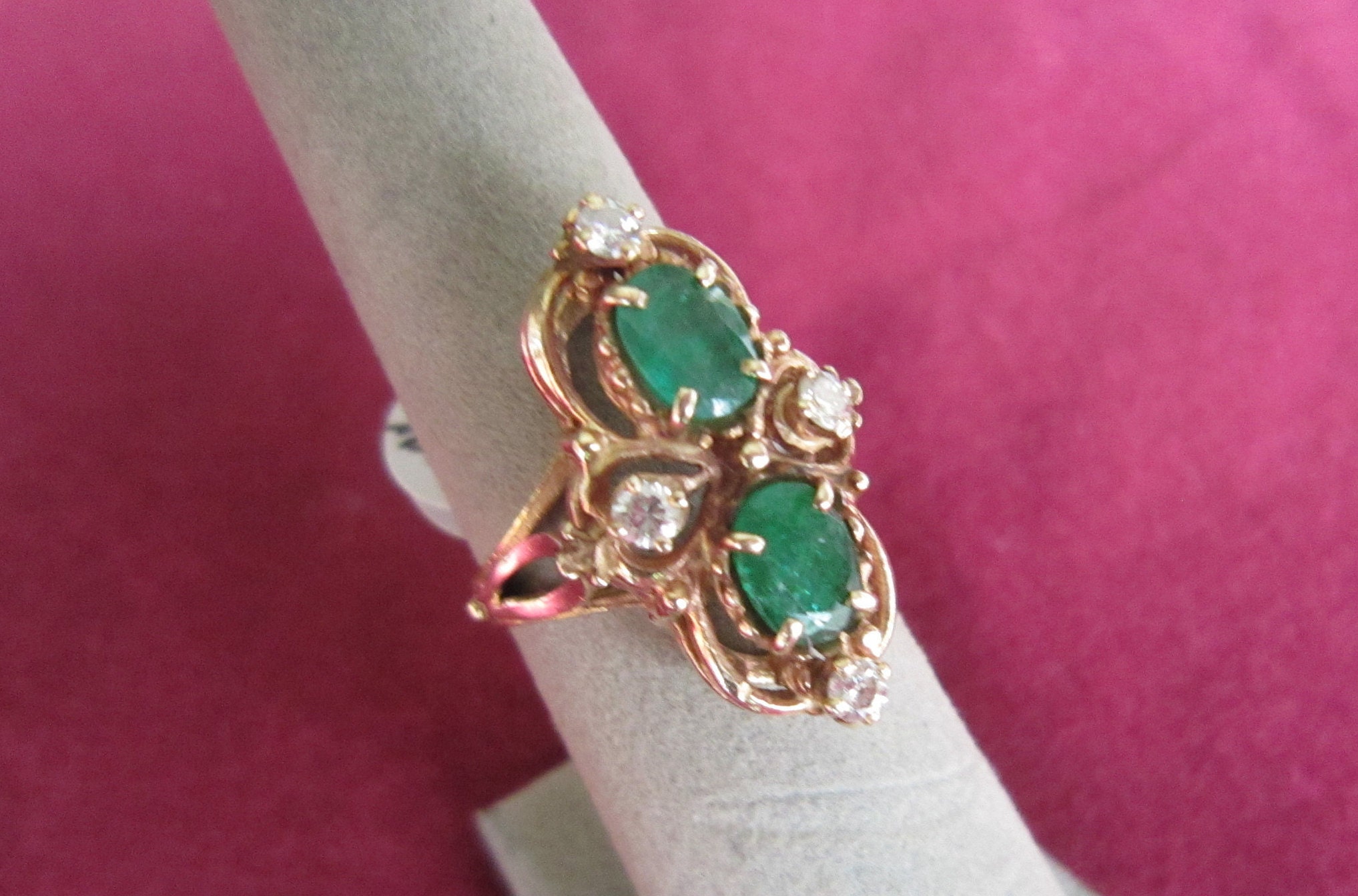 1970's 14kt Yellow Gold Emerald & Diamond Fashion Dinner Statement Ring ...
