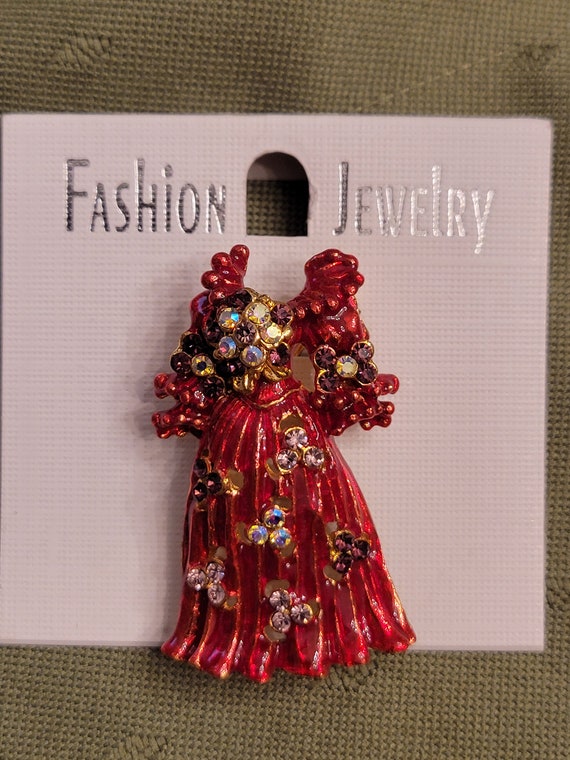 SALE Enameled & Bling Red Dress Brooch Pin - image 3